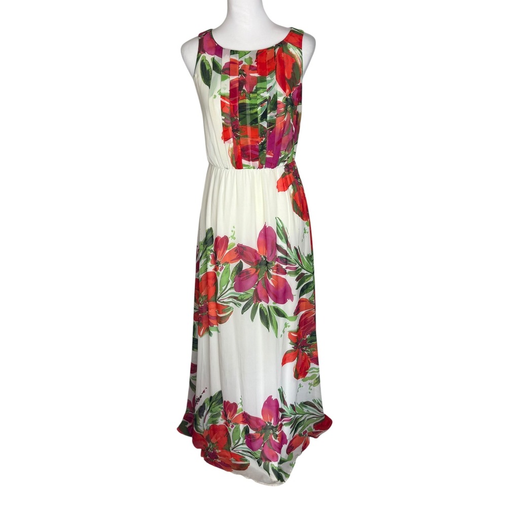 Eliza J Womens Floral Watercolor Pleated Sleeveless Maxi Dress Ivory Red Size 4